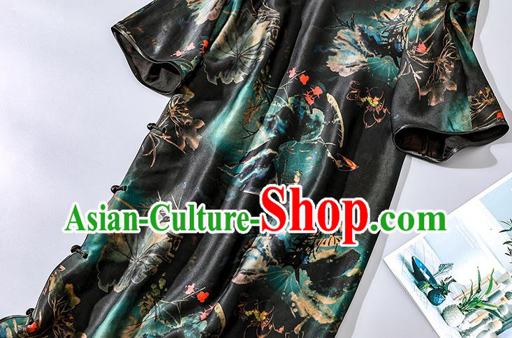 Asian Chinese National Woman Clothing Traditional Printing Lotus Qipao Dress Classical Black Silk Cheongsam Asian Chinese National Woman Clothing Traditional Printing Lotus Qipao Dress Classical Black Silk Cheongsam
