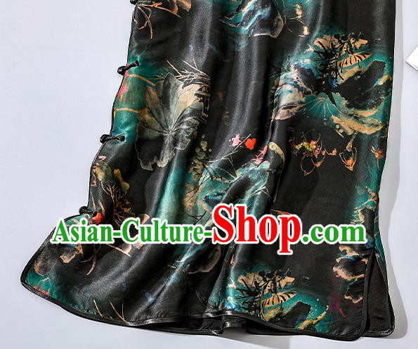 Asian Chinese National Woman Clothing Traditional Printing Lotus Qipao Dress Classical Black Silk Cheongsam Asian Chinese National Woman Clothing Traditional Printing Lotus Qipao Dress Classical Black Silk Cheongsam