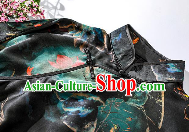 Asian Chinese National Woman Clothing Traditional Printing Lotus Qipao Dress Classical Black Silk Cheongsam Asian Chinese National Woman Clothing Traditional Printing Lotus Qipao Dress Classical Black Silk Cheongsam