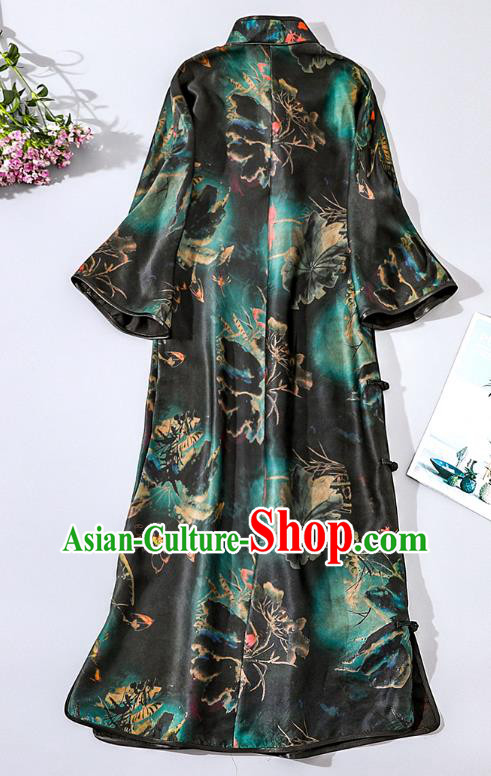 Asian Chinese National Woman Clothing Traditional Printing Lotus Qipao Dress Classical Black Silk Cheongsam Asian Chinese National Woman Clothing Traditional Printing Lotus Qipao Dress Classical Black Silk Cheongsam
