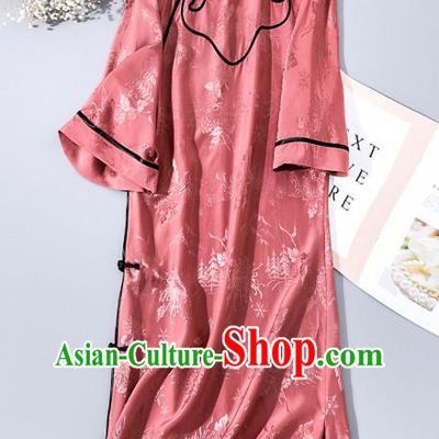 Asian Chinese Traditional Stand Collar Qipao Dress National Woman Clothing Classical Pink Silk Cheongsam