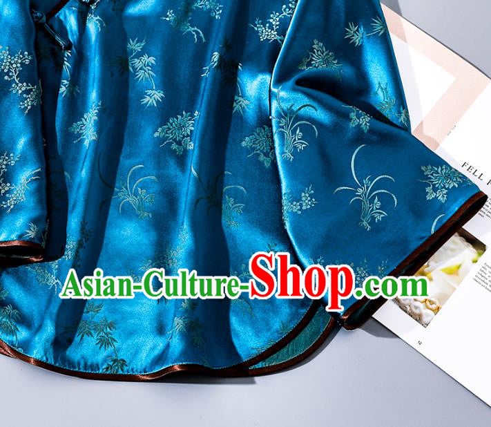 China Tang Suit Wide Sleeve Upper Outer Garment Traditional Cheongsam Blue Silk Shirt China Tang Suit Wide Sleeve Upper Outer Garment Traditional Cheongsam Blue Silk Shirt