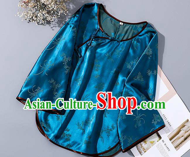 China Tang Suit Wide Sleeve Upper Outer Garment Traditional Cheongsam Blue Silk Shirt China Tang Suit Wide Sleeve Upper Outer Garment Traditional Cheongsam Blue Silk Shirt