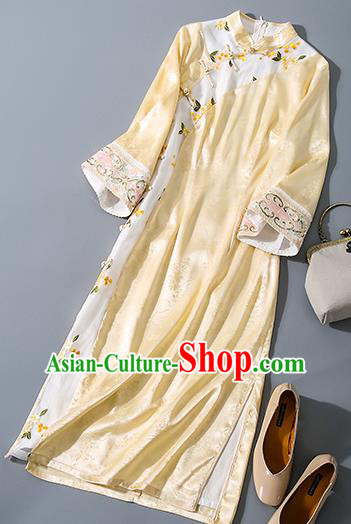 Asian Chinese Traditional Embroidered Qipao Dress National Clothing Classical Yellow Silk Cheongsam Asian Chinese Traditional Embroidered Qipao Dress National Clothing Classical Yellow Silk Cheongsam