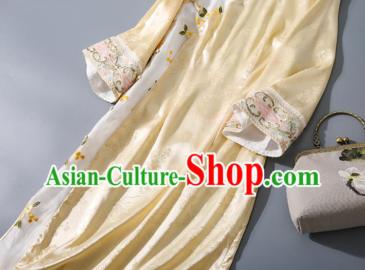 Asian Chinese Traditional Embroidered Qipao Dress National Clothing Classical Yellow Silk Cheongsam Asian Chinese Traditional Embroidered Qipao Dress National Clothing Classical Yellow Silk Cheongsam