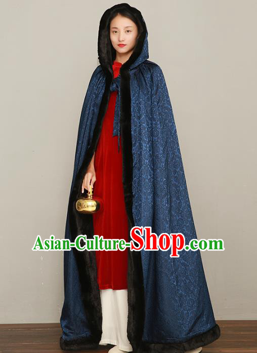 Chinese Traditional Winter Costume National Women Navy Silk Cape Cotton Wadded Cloak Chinese Traditional Winter Costume National Women Navy Silk Cape Cotton Wadded Cloak