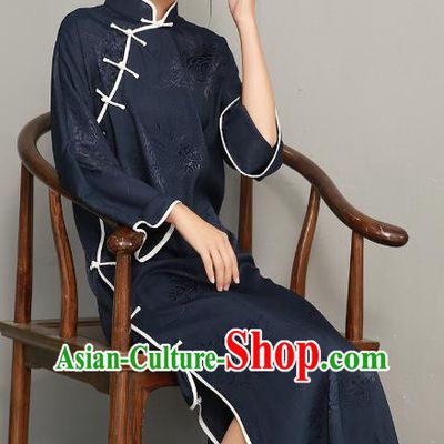 Asian Chinese Classical Cheongsam Traditional Tang Suit Navy Silk Qipao Dress National Young Lady Clothing