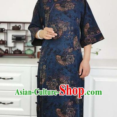 Asian Chinese Classical Shanghai Beauty Costume Traditional Tang Suit Navy Blue Silk Qipao Dress