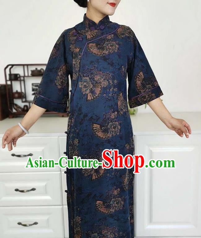 Asian Chinese Classical Shanghai Beauty Costume Traditional Tang Suit Navy Blue Silk Qipao Dress Asian Chinese Classical Shanghai Beauty Costume Traditional Tang Suit Navy Blue Silk Qipao Dress
