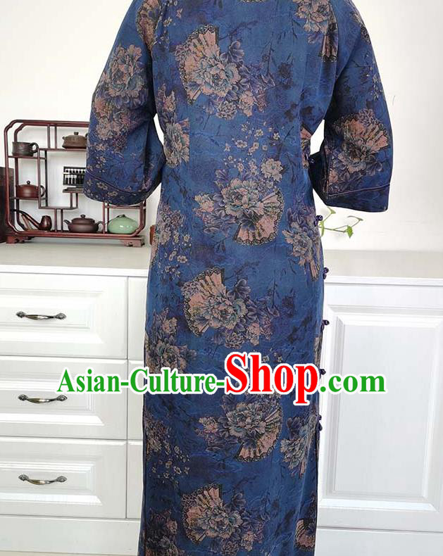 Asian Chinese Classical Shanghai Beauty Costume Traditional Tang Suit Navy Blue Silk Qipao Dress Asian Chinese Classical Shanghai Beauty Costume Traditional Tang Suit Navy Blue Silk Qipao Dress