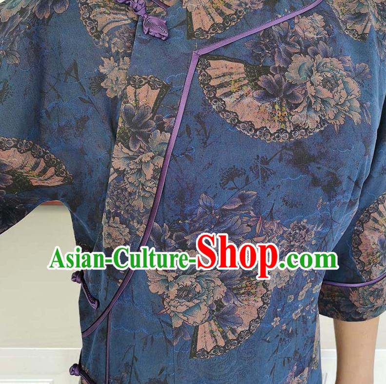 Asian Chinese Classical Shanghai Beauty Costume Traditional Tang Suit Navy Blue Silk Qipao Dress Asian Chinese Classical Shanghai Beauty Costume Traditional Tang Suit Navy Blue Silk Qipao Dress