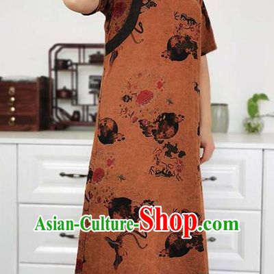 Asian Chinese Classical Cheongsam Costume Traditional Brown Silk Qipao Dress