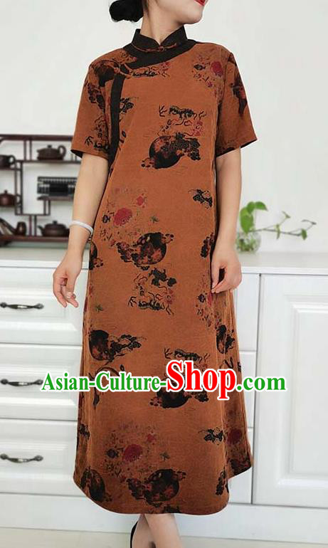 Asian Chinese Classical Cheongsam Costume Traditional Brown Silk Qipao Dress Asian Chinese Classical Cheongsam Costume Traditional Brown Silk Qipao Dress