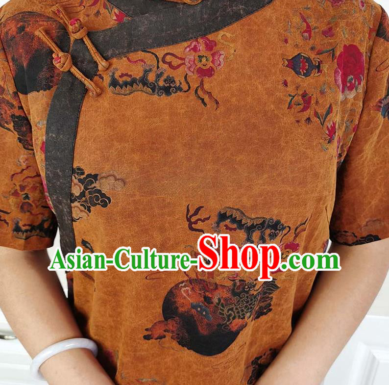 Asian Chinese Classical Cheongsam Costume Traditional Brown Silk Qipao Dress Asian Chinese Classical Cheongsam Costume Traditional Brown Silk Qipao Dress