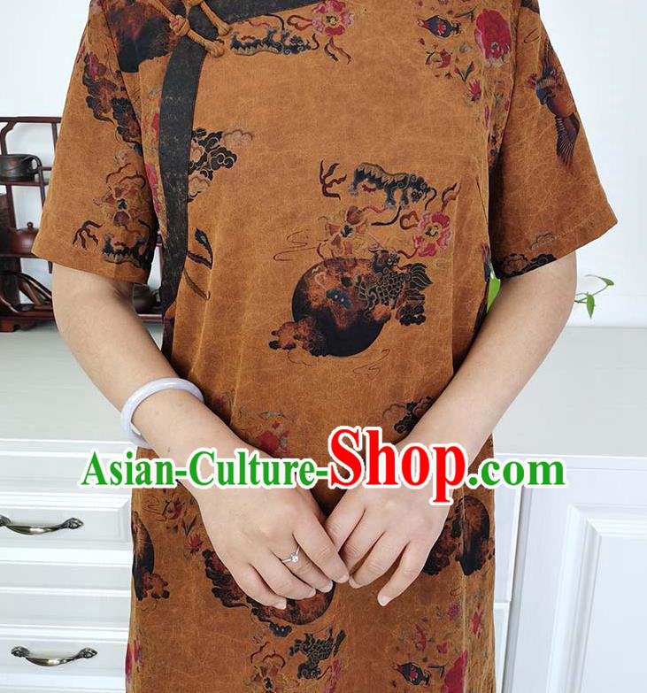 Asian Chinese Classical Cheongsam Costume Traditional Brown Silk Qipao Dress Asian Chinese Classical Cheongsam Costume Traditional Brown Silk Qipao Dress