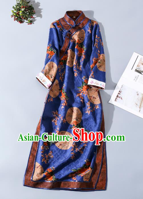 Asian Chinese Classical Gambiered Guangdong Gauze Cheongsam Traditional Young Beauty Royalblue Silk Qipao Dress Asian Chinese Classical Gambiered Guangdong Gauze Cheongsam Traditional Young Beauty Royalblue Silk Qipao Dress