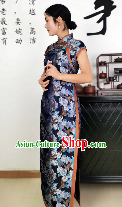 Asian Chinese Traditional Printing Navy Silk Qipao Dress Classical Song Brocade Cheongsam Costume Asian Chinese Traditional Printing Navy Silk Qipao Dress Classical Song Brocade Cheongsam Costume