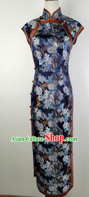 Asian Chinese Traditional Printing Navy Silk Qipao Dress Classical Song Brocade Cheongsam Costume Asian Chinese Traditional Printing Navy Silk Qipao Dress Classical Song Brocade Cheongsam Costume