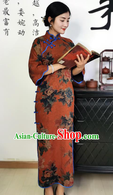 Asian Chinese Traditional Printing Peony Red Silk Qipao Dress Classical Young Mistress Cheongsam Costume Asian Chinese Traditional Printing Peony Red Silk Qipao Dress Classical Young Mistress Cheongsam Costume