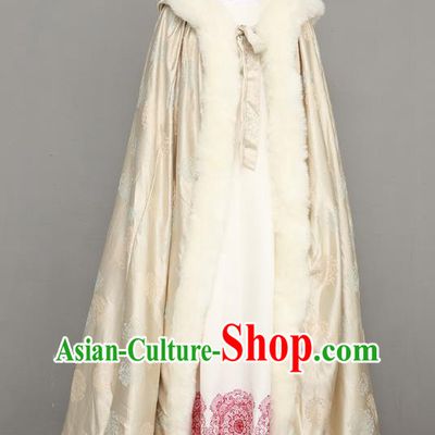 Chinese Traditional Winter Costume National Women Light Golden Silk Cape Ancient Princess Cotton Wadded Cloak