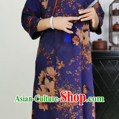 Asian Chinese Classical Loose Cheongsam Costume Traditional Printing Deep Blue Silk Qipao Dress