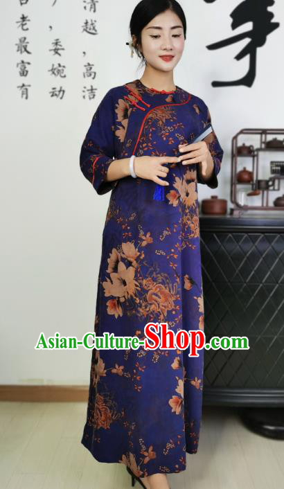 Asian Chinese Classical Loose Cheongsam Costume Traditional Printing Deep Blue Silk Qipao Dress Asian Chinese Classical Loose Cheongsam Costume Traditional Printing Deep Blue Silk Qipao Dress