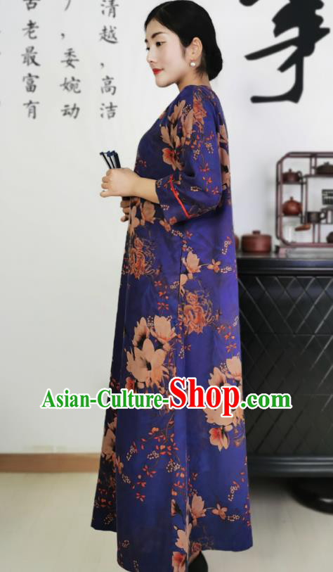 Asian Chinese Classical Loose Cheongsam Costume Traditional Printing Deep Blue Silk Qipao Dress Asian Chinese Classical Loose Cheongsam Costume Traditional Printing Deep Blue Silk Qipao Dress