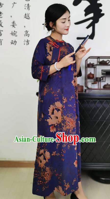 Asian Chinese Classical Loose Cheongsam Costume Traditional Printing Deep Blue Silk Qipao Dress Asian Chinese Classical Loose Cheongsam Costume Traditional Printing Deep Blue Silk Qipao Dress