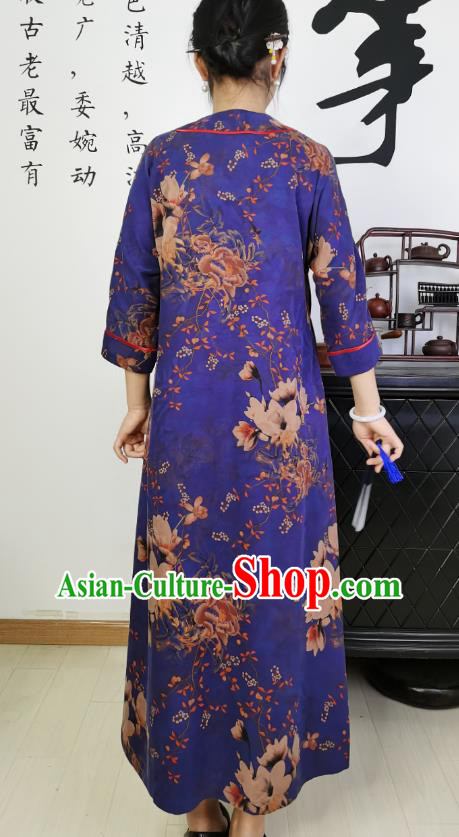 Asian Chinese Classical Loose Cheongsam Costume Traditional Printing Deep Blue Silk Qipao Dress Asian Chinese Classical Loose Cheongsam Costume Traditional Printing Deep Blue Silk Qipao Dress