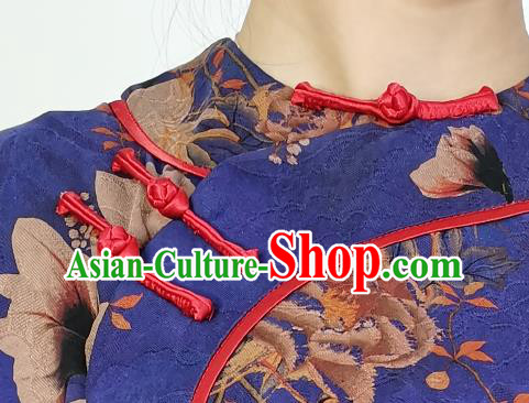 Asian Chinese Classical Loose Cheongsam Costume Traditional Printing Deep Blue Silk Qipao Dress Asian Chinese Classical Loose Cheongsam Costume Traditional Printing Deep Blue Silk Qipao Dress