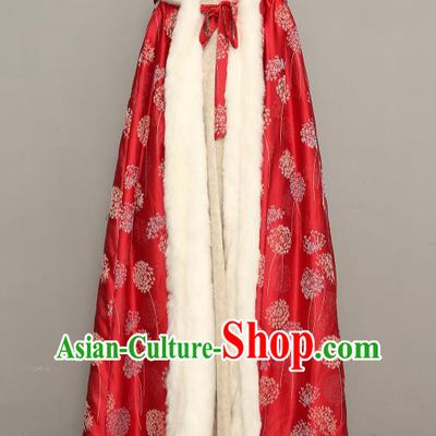 Chinese Ancient Princess Cotton Wadded Cloak Traditional Winter Costume National Women Red Silk Cape