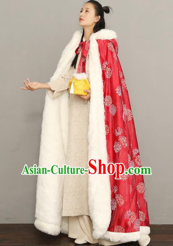 Chinese Ancient Princess Cotton Wadded Cloak Traditional Winter Costume National Women Red Silk Cape Chinese Ancient Princess Cotton Wadded Cloak Traditional Winter Costume National Women Red Silk Cape