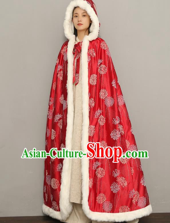 Chinese Ancient Princess Cotton Wadded Cloak Traditional Winter Costume National Women Red Silk Cape Chinese Ancient Princess Cotton Wadded Cloak Traditional Winter Costume National Women Red Silk Cape