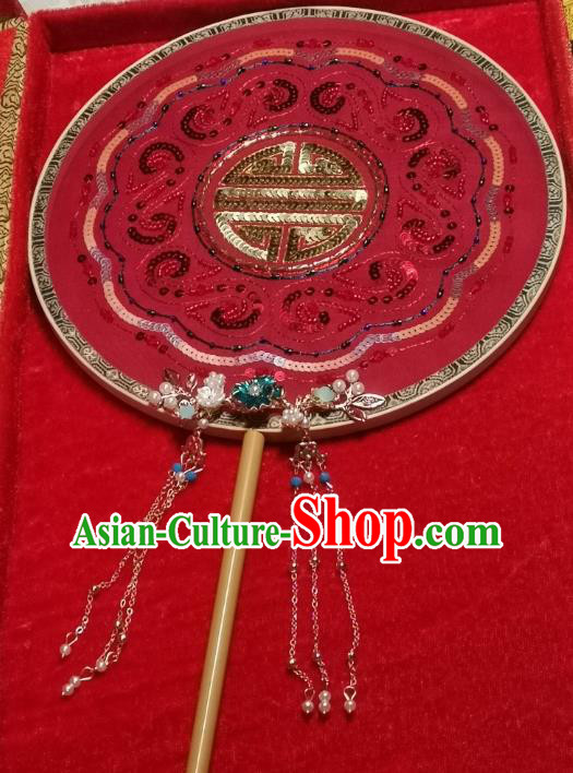 China Traditional Circular Fan Handmade Bride Red Silk Palace Fan Wedding Golden Sequins Fan China Traditional Circular Fan Handmade Bride Red Silk Palace Fan Wedding Golden Sequins Fan