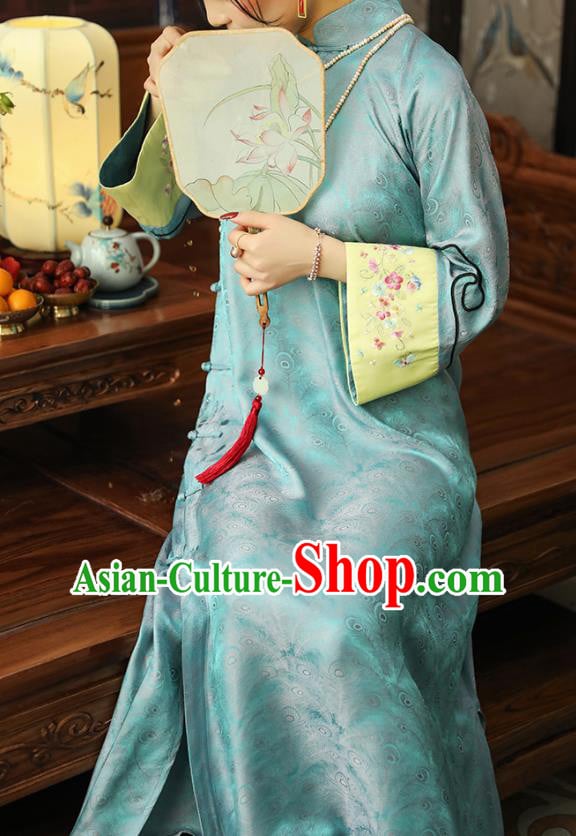 Asian Chinese Traditional Embroidered Silk Qipao Dress Classical Light Blue Song Brocade Cheongsam Clothing Asian Chinese Traditional Embroidered Silk Qipao Dress Classical Light Blue Song Brocade Cheongsam Clothing