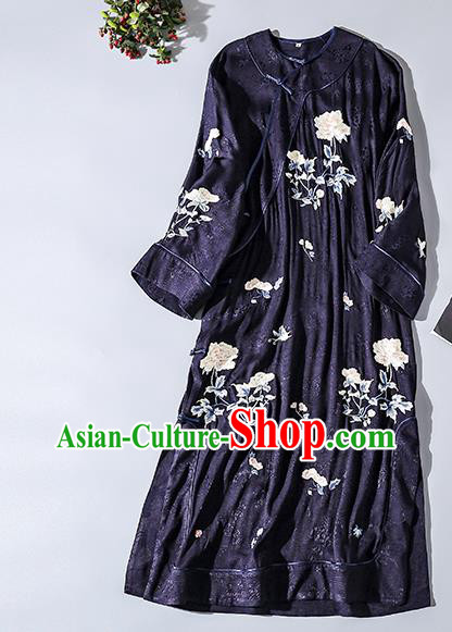 Asian Chinese Classical Wide Sleeve Cheongsam Clothing Traditional Embroidered Navy Silk Qipao Dress Asian Chinese Classical Wide Sleeve Cheongsam Clothing Traditional Embroidered Navy Silk Qipao Dress