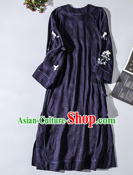 Asian Chinese Classical Wide Sleeve Cheongsam Clothing Traditional Embroidered Navy Silk Qipao Dress Asian Chinese Classical Wide Sleeve Cheongsam Clothing Traditional Embroidered Navy Silk Qipao Dress