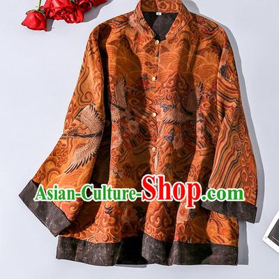 China Traditional Tang Suit Upper Outer Garment Classical Wave Cranes Pattern Ginger Silk Shirt