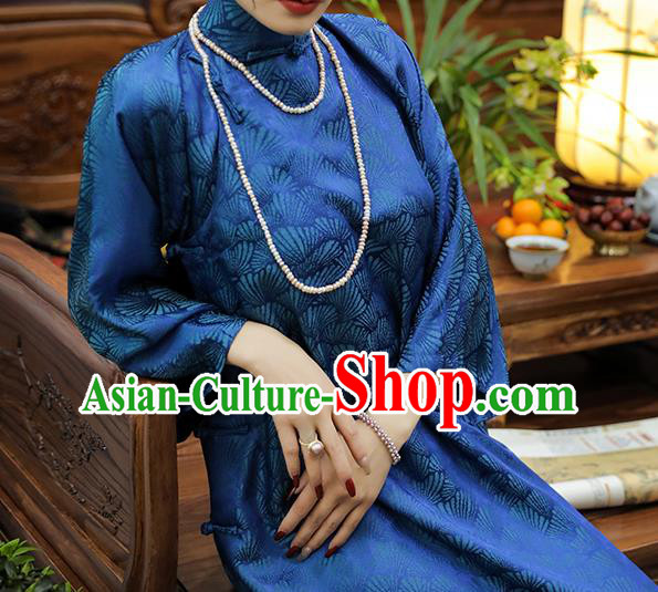 Asian Chinese Traditional Young Beauty Jacquard Blue Silk Qipao Dress Classical Song Brocade Cheongsam Asian Chinese Traditional Young Beauty Jacquard Blue Silk Qipao Dress Classical Song Brocade Cheongsam