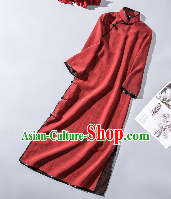 Asian Chinese Classical Silk Cheongsam Clothing Traditional Dark Red Long Qipao Dress Asian Chinese Classical Silk Cheongsam Clothing Traditional Dark Red Long Qipao Dress