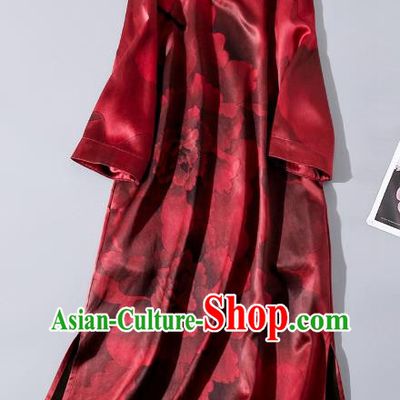 Asian Chinese Classical Peony Pattern Silk Cheongsam Traditional Wine Red Qipao Dress Clothing