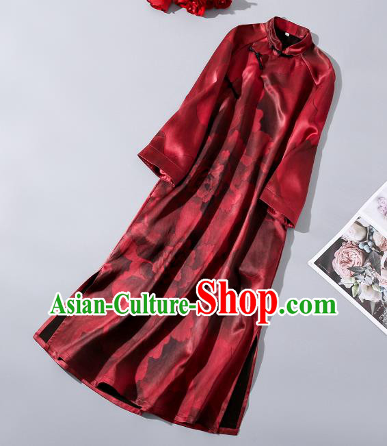 Asian Chinese Classical Peony Pattern Silk Cheongsam Traditional Wine Red Qipao Dress Clothing Asian Chinese Classical Peony Pattern Silk Cheongsam Traditional Wine Red Qipao Dress Clothing