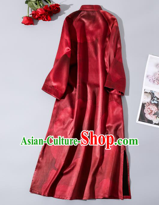 Asian Chinese Classical Peony Pattern Silk Cheongsam Traditional Wine Red Qipao Dress Clothing Asian Chinese Classical Peony Pattern Silk Cheongsam Traditional Wine Red Qipao Dress Clothing