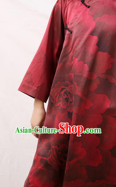 Asian Chinese Classical Peony Pattern Silk Cheongsam Traditional Wine Red Qipao Dress Clothing Asian Chinese Classical Peony Pattern Silk Cheongsam Traditional Wine Red Qipao Dress Clothing