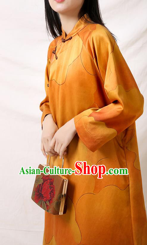 Asian Chinese Traditional Qipao Dress Clothing Classical Peony Pattern Yellow Silk Cheongsam Asian Chinese Traditional Qipao Dress Clothing Classical Peony Pattern Yellow Silk Cheongsam