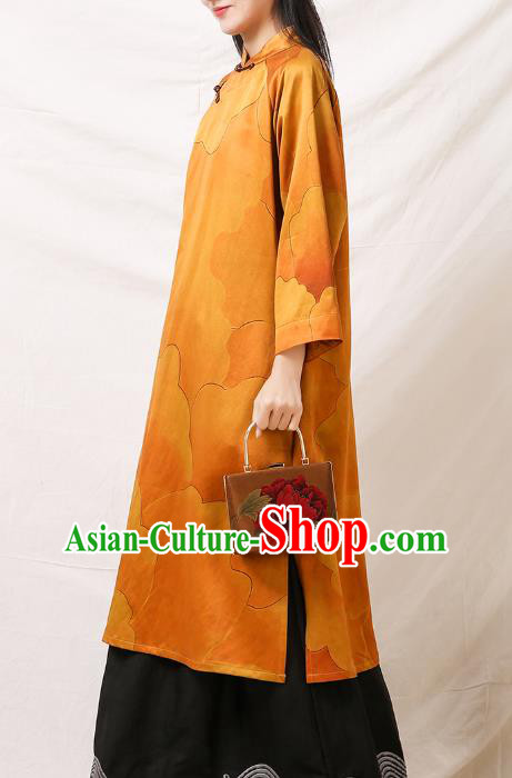 Asian Chinese Traditional Qipao Dress Clothing Classical Peony Pattern Yellow Silk Cheongsam Asian Chinese Traditional Qipao Dress Clothing Classical Peony Pattern Yellow Silk Cheongsam