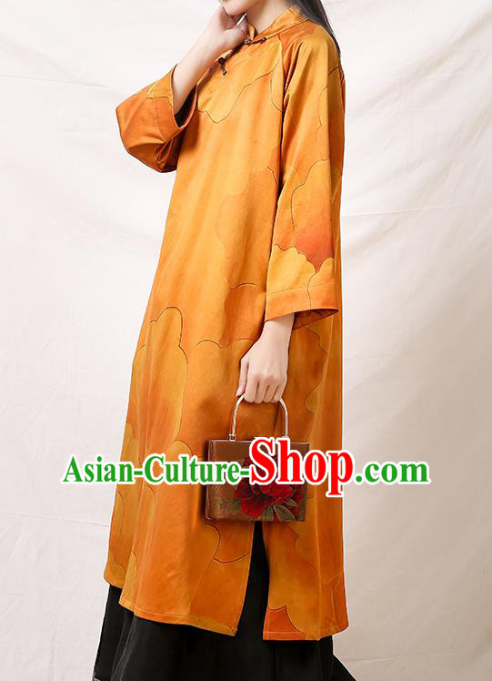 Asian Chinese Traditional Qipao Dress Clothing Classical Peony Pattern Yellow Silk Cheongsam Asian Chinese Traditional Qipao Dress Clothing Classical Peony Pattern Yellow Silk Cheongsam