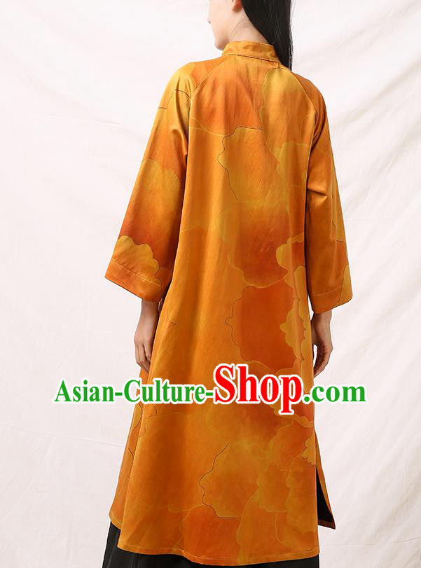 Asian Chinese Traditional Qipao Dress Clothing Classical Peony Pattern Yellow Silk Cheongsam Asian Chinese Traditional Qipao Dress Clothing Classical Peony Pattern Yellow Silk Cheongsam