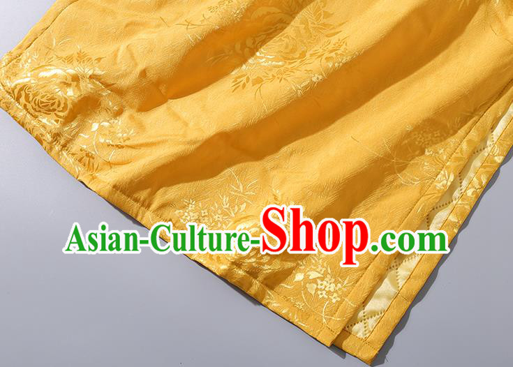 Asian Chinese Classical Winter Golden Cheongsam Traditional Silk Cotton Wadded Qipao Dress Clothing Asian Chinese Classical Winter Golden Cheongsam Traditional Silk Cotton Wadded Qipao Dress Clothing