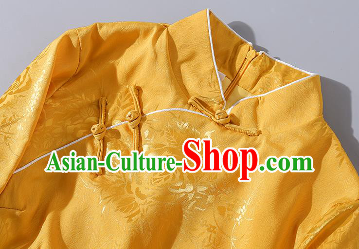 Asian Chinese Classical Winter Golden Cheongsam Traditional Silk Cotton Wadded Qipao Dress Clothing Asian Chinese Classical Winter Golden Cheongsam Traditional Silk Cotton Wadded Qipao Dress Clothing